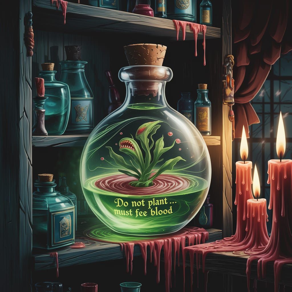 Piranha Plant in Wizard's Potion Bottle: A Dark and Sinister...