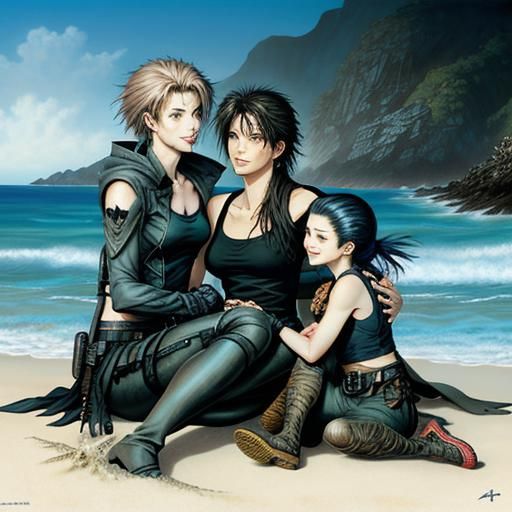 Happy Lesbian Family on Beach in Airbrush Art