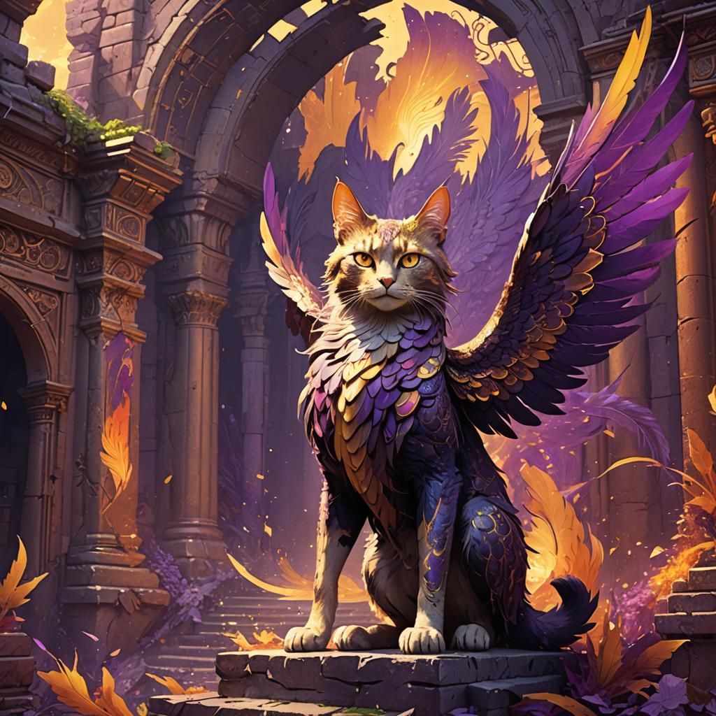 Cat Phoenix in Mystical Ruins: Dark Fantasy Art