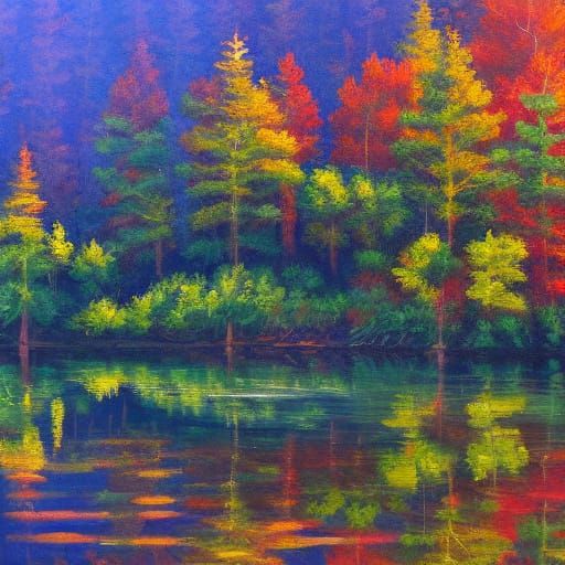 Sunlit Lake in Forest: An Idyllic Oil Painting