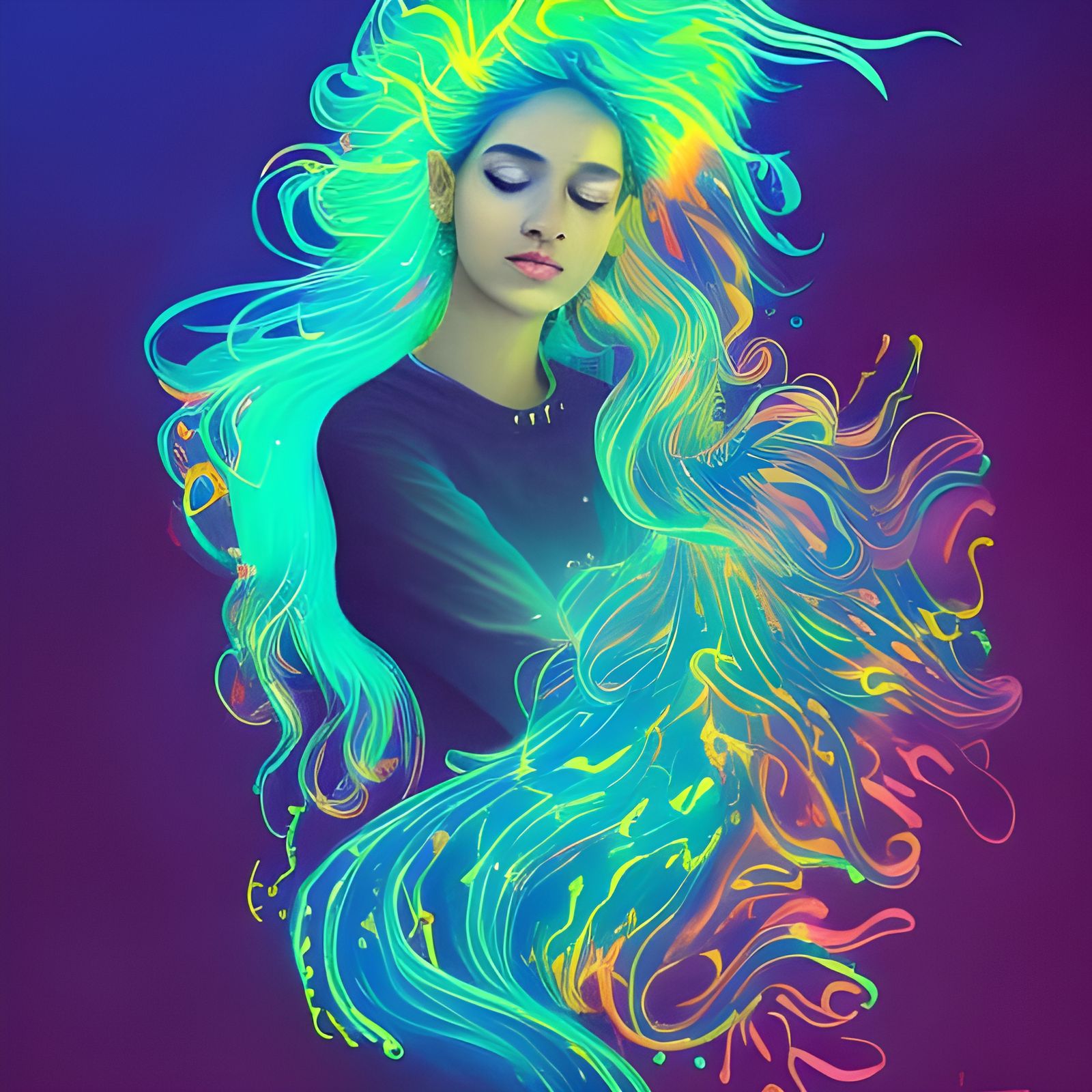 Neon-Haired South Asian Girl: Fluid Gouache Painting