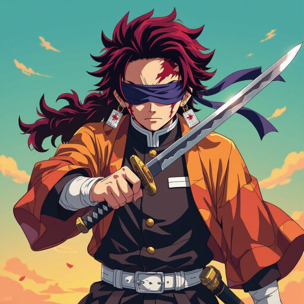 Blindfolded Demon Slayer in Manga Style