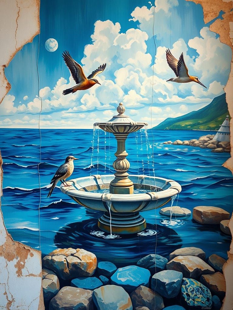 Ethereal South Sea Waters Trompe-l'œil in Modern Painterly S...