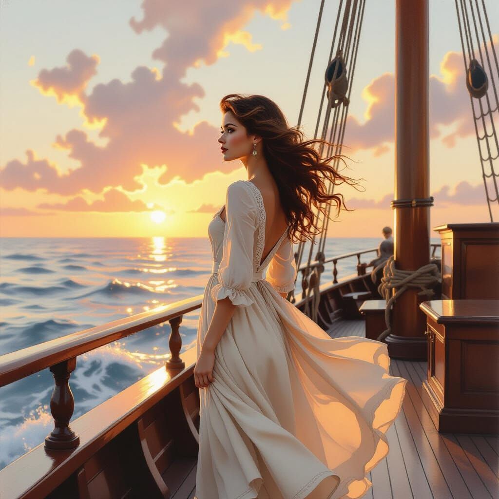 Woman Gazing at Horizon in Watercolor Style