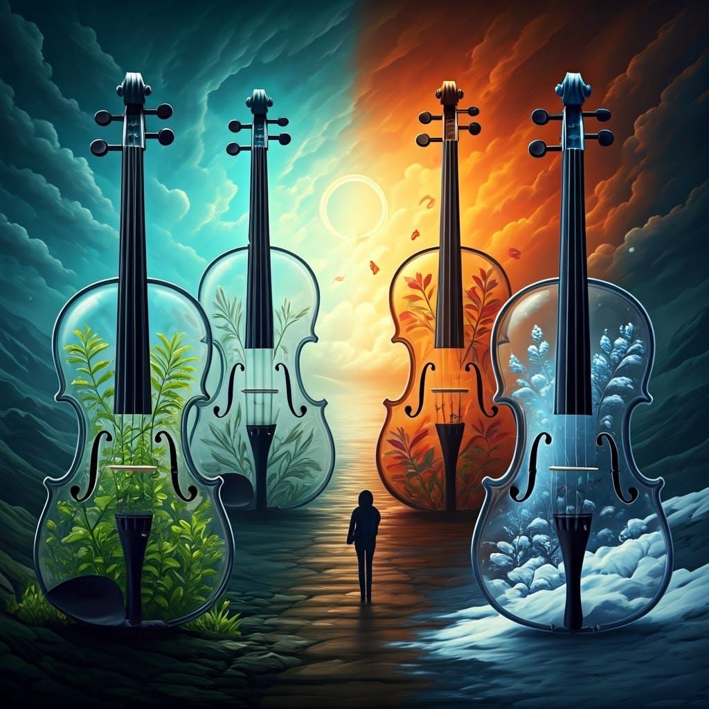 Four Seasons: Glass Violins in Collage Art Style