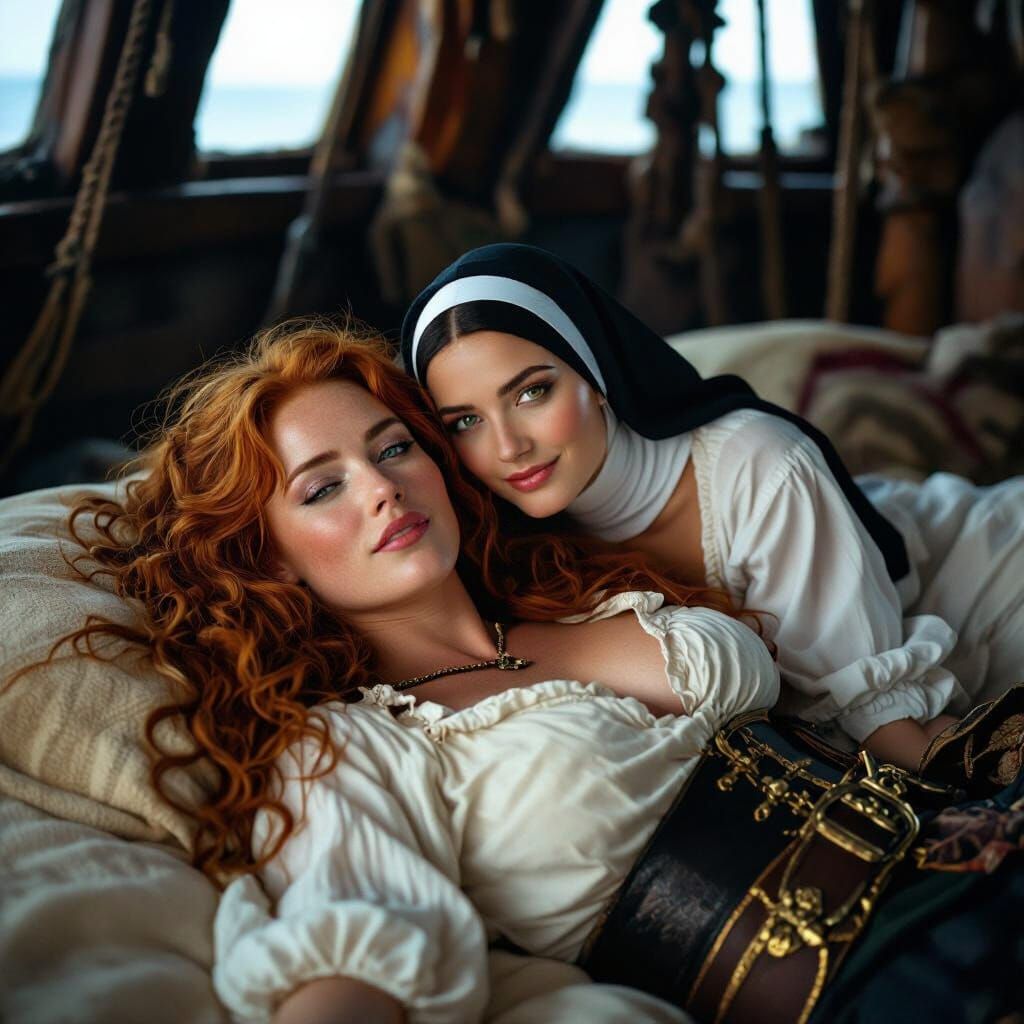 Nun Cuddles Pirate in 18th Century Galleon Cabin