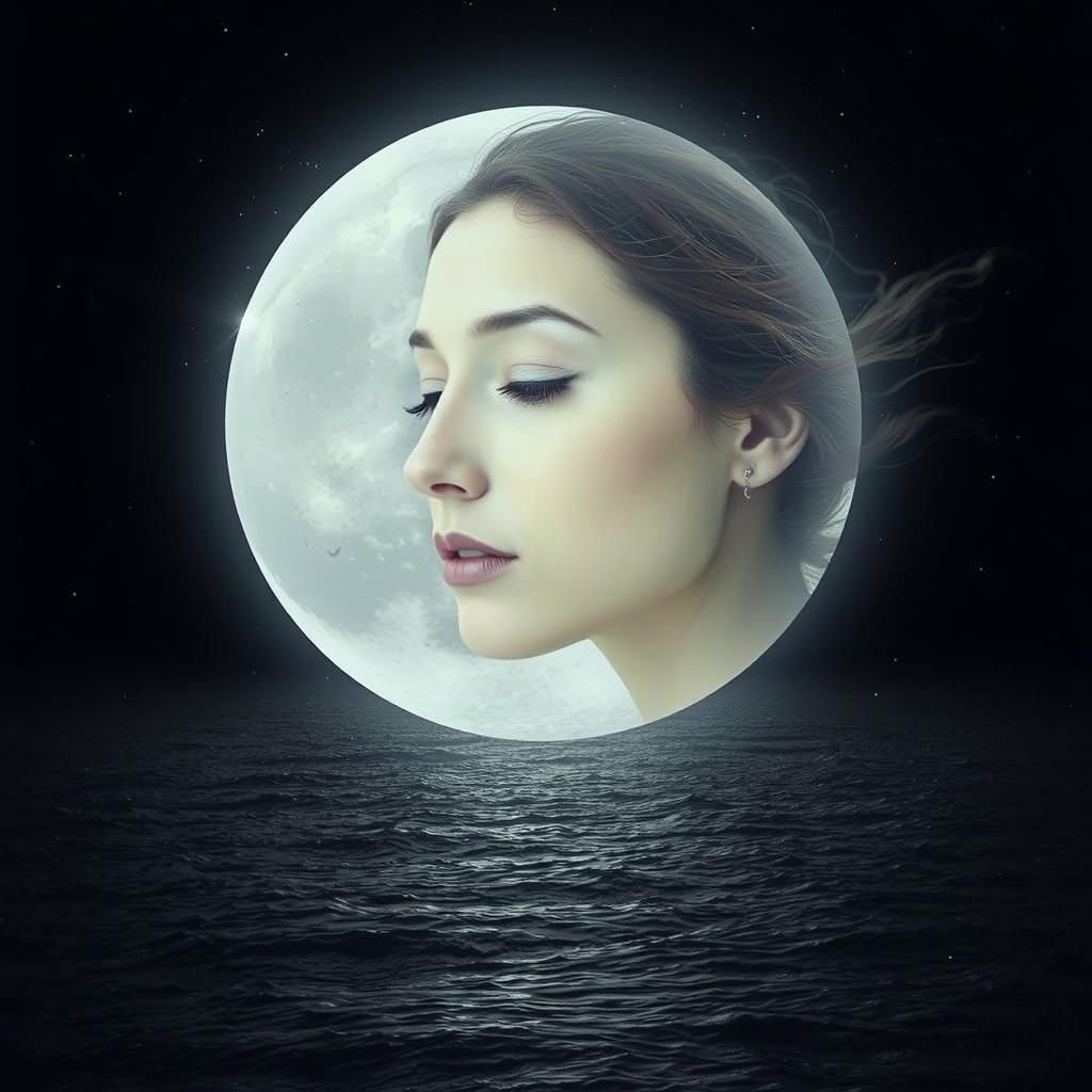 Ethereal Moonlit Ocean with Ghostly Woman
