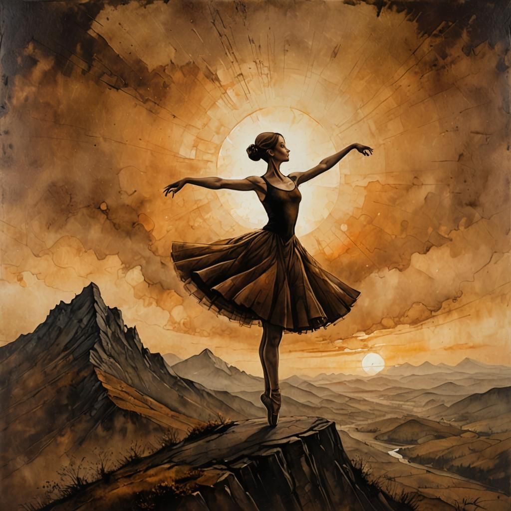 Ballerina Dances Silhouetted on Mountain Peak