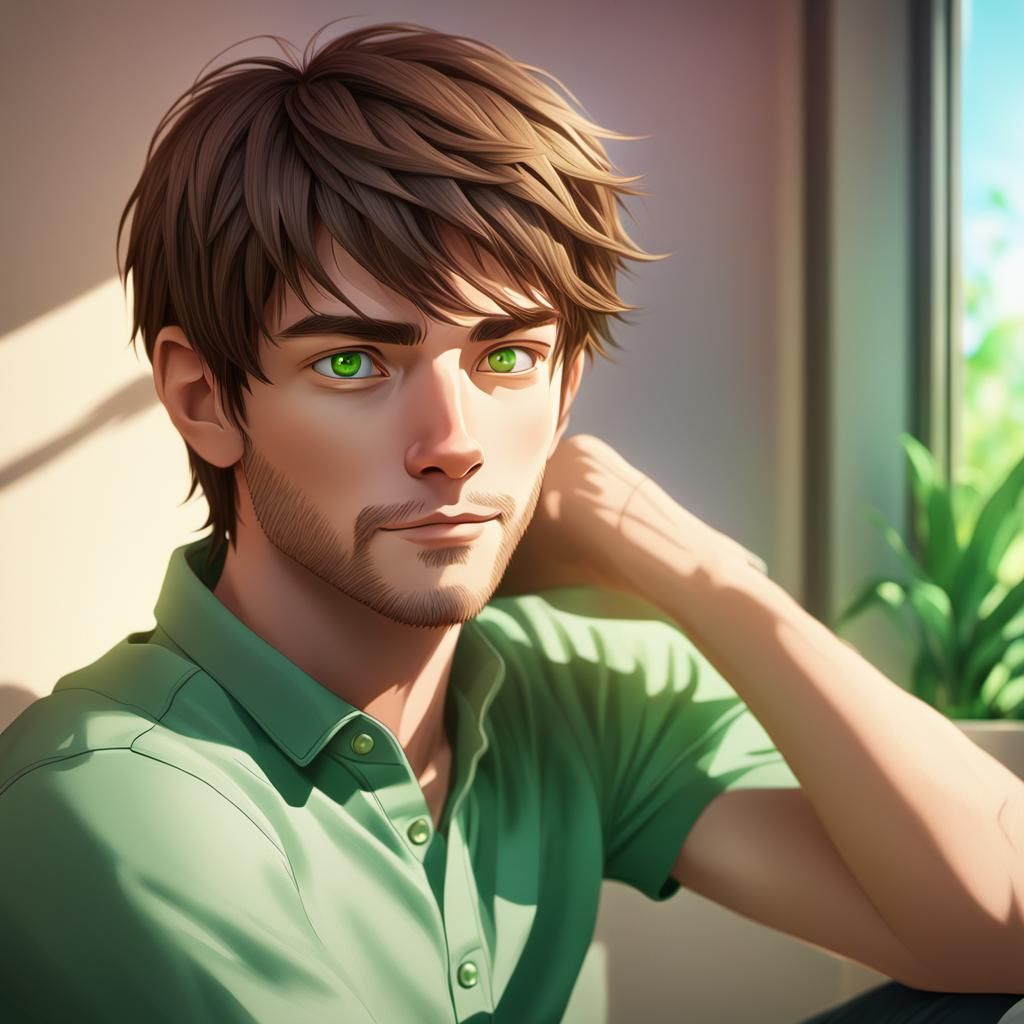 Happy Man in Living Room: 3D Anime Portrait