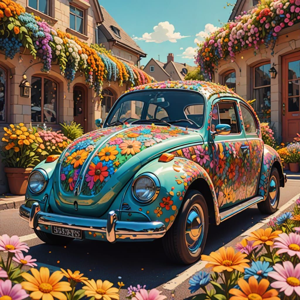 Psychedelic Flower-Covered Volkswagen Beetle in Comic Style