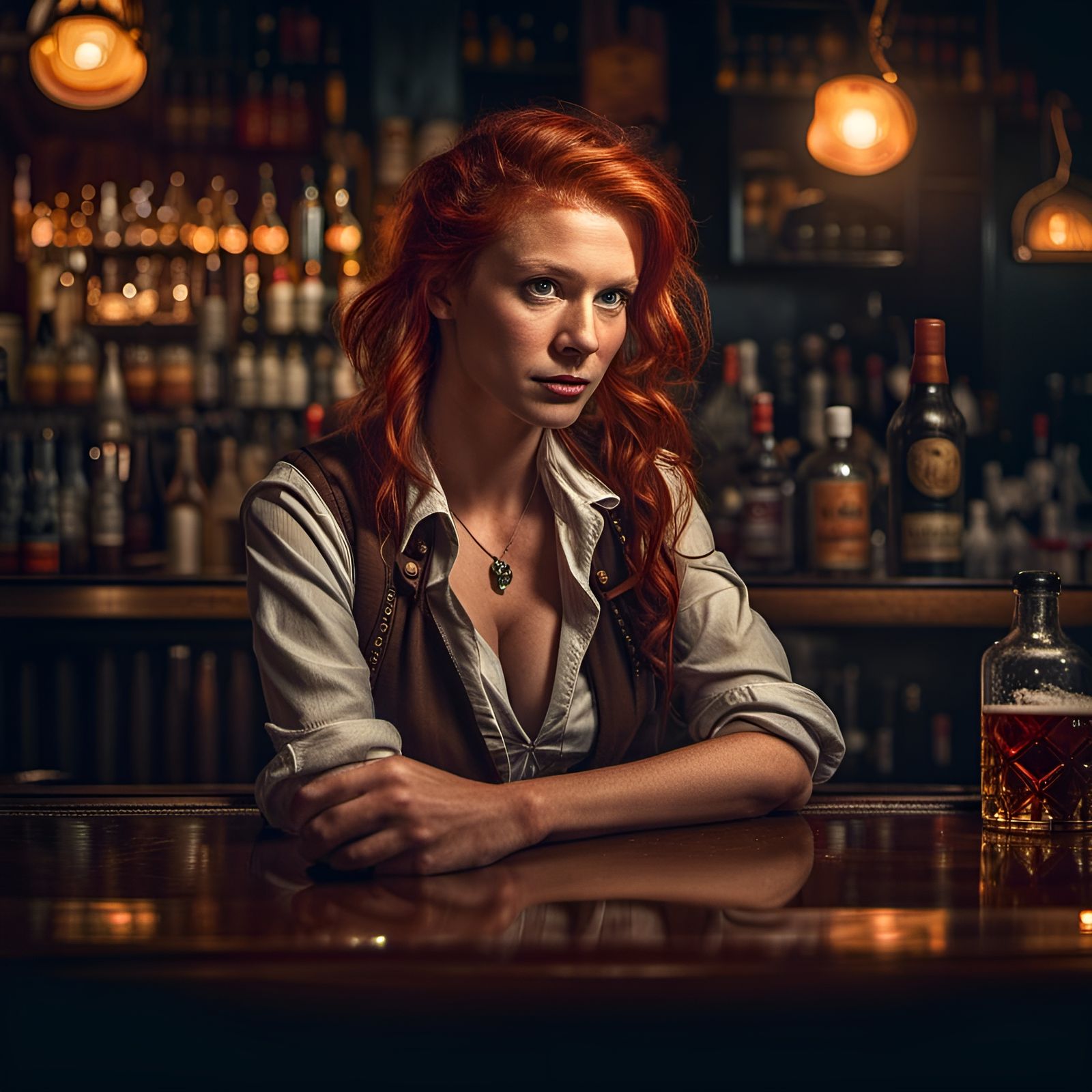 Hyperrealistic Old Man and Redhead Barmaid at Bar
