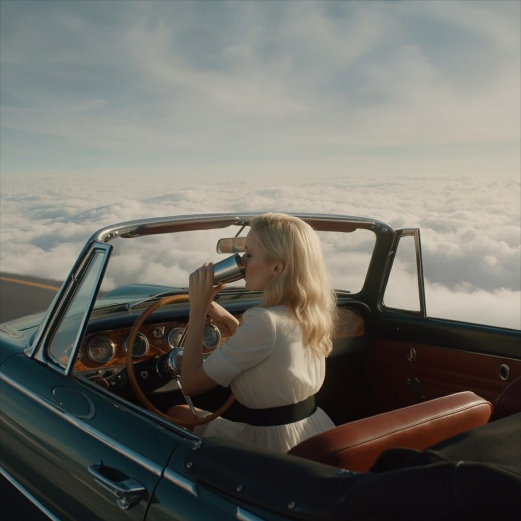 Vintage Car Chases Clouds Across the Sky in a Dreamlike Driv...