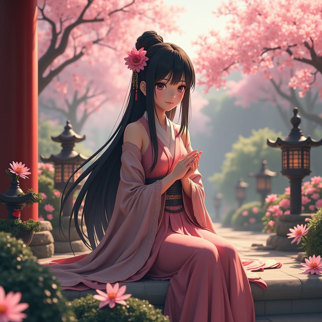 Elegant Yoruichi in Japanese Garden, Anime Art