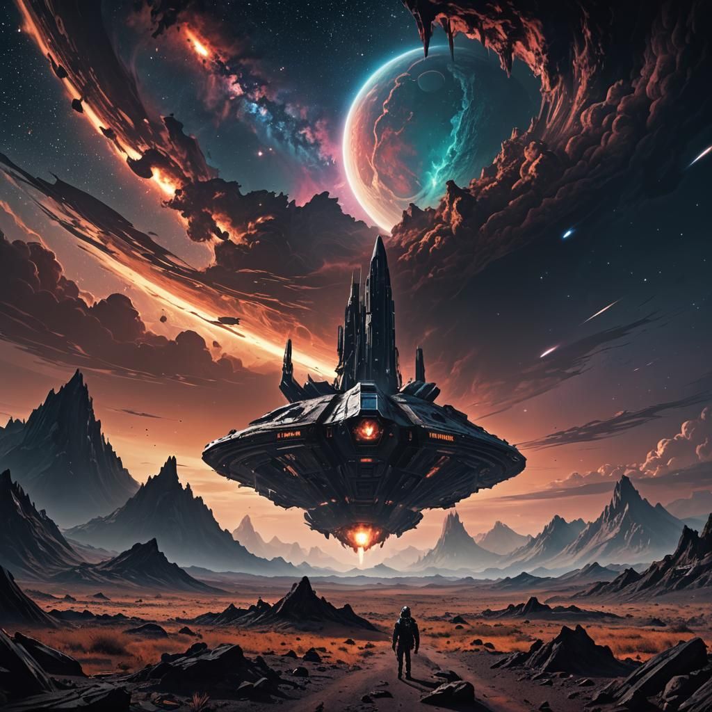 Dystopian Sci-Fi Planet with Crashed Spaceship