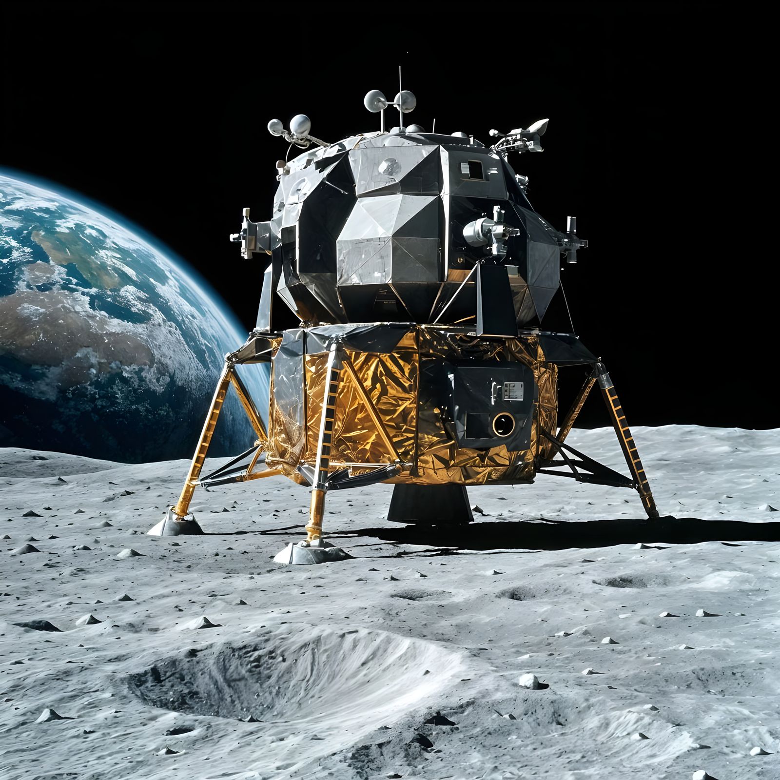 Moon Landing in Lunar Landscape with Earth in the Distance