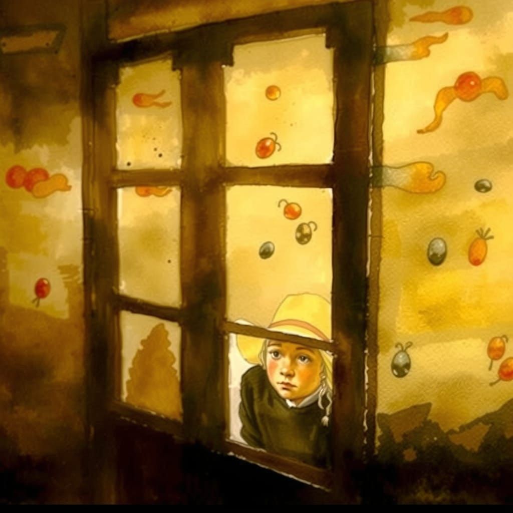 Mystical Child Peers Through Window in Watercolor Realism