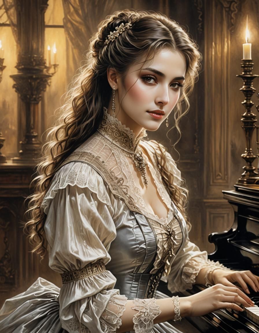 A young beautiful Victorian woman in a blouse and a skirt pl...