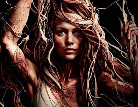 Woman Adorned with Vines: Mixed Media Portrait