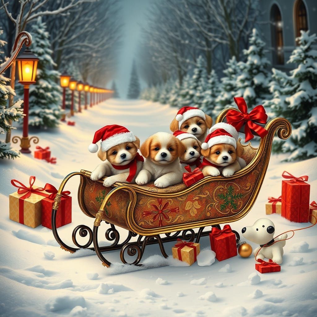 Joyful Toy Sledge Circulates on Snowy Path with Fluffy Puppi...