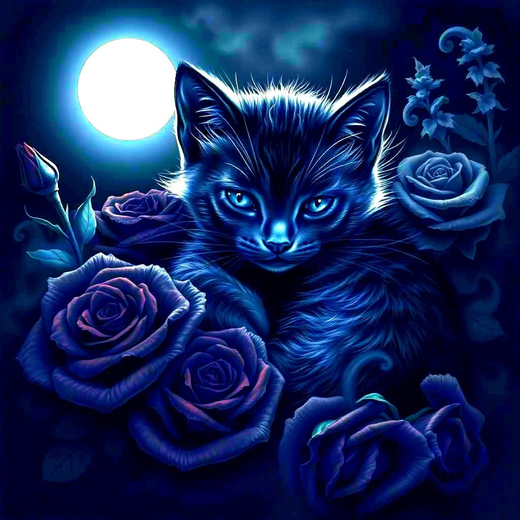 Gothic Kitten in Moonlit Rose Garden