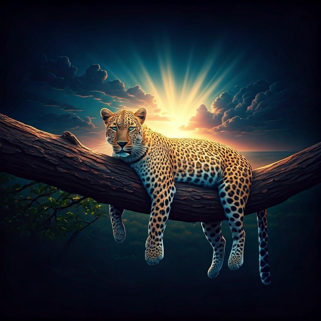 Surreal Savanna Sunrise with a Tranquil Leopard