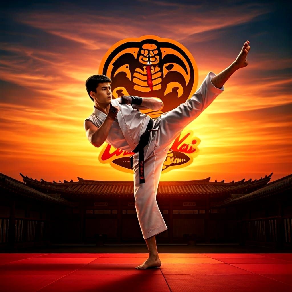 Dynamic Karate Fighter Silhouette at Sunset