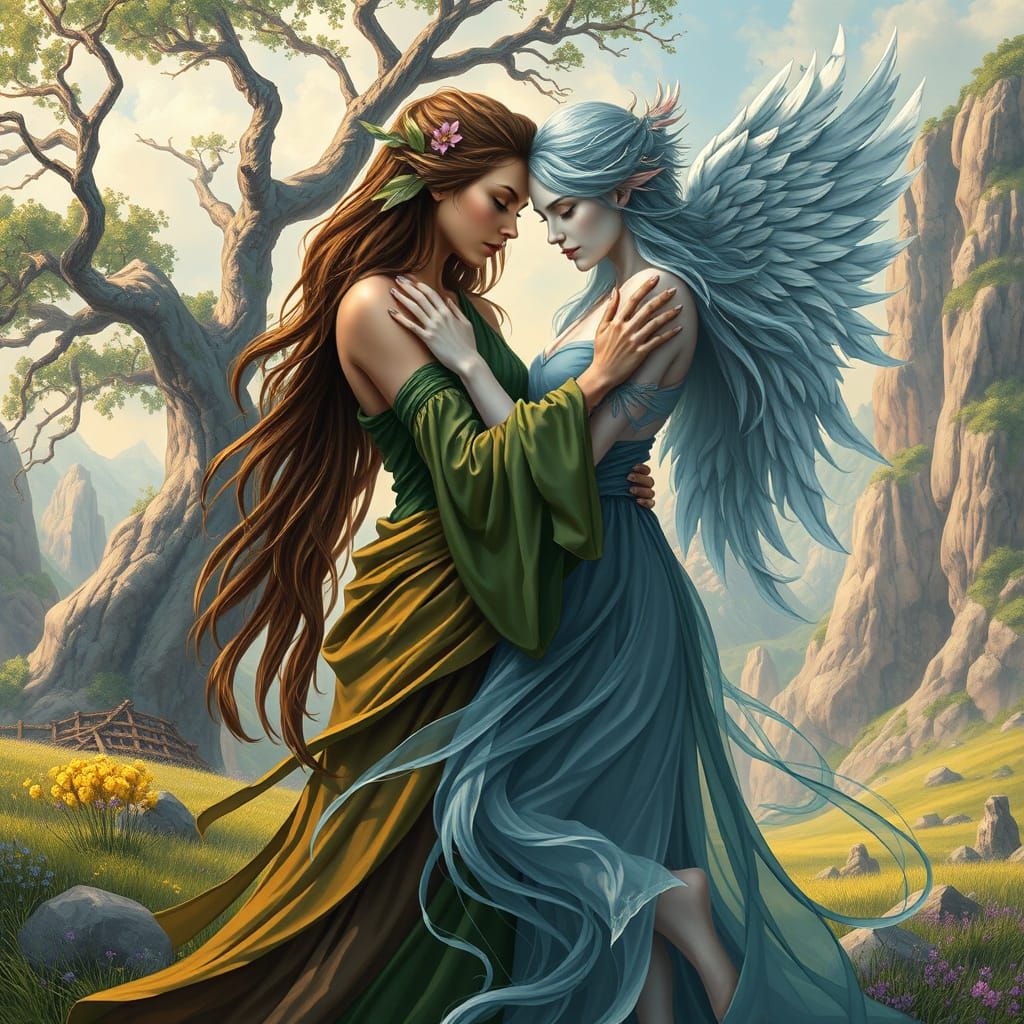 Elemental Goddesses Embrace in Lush Meadow