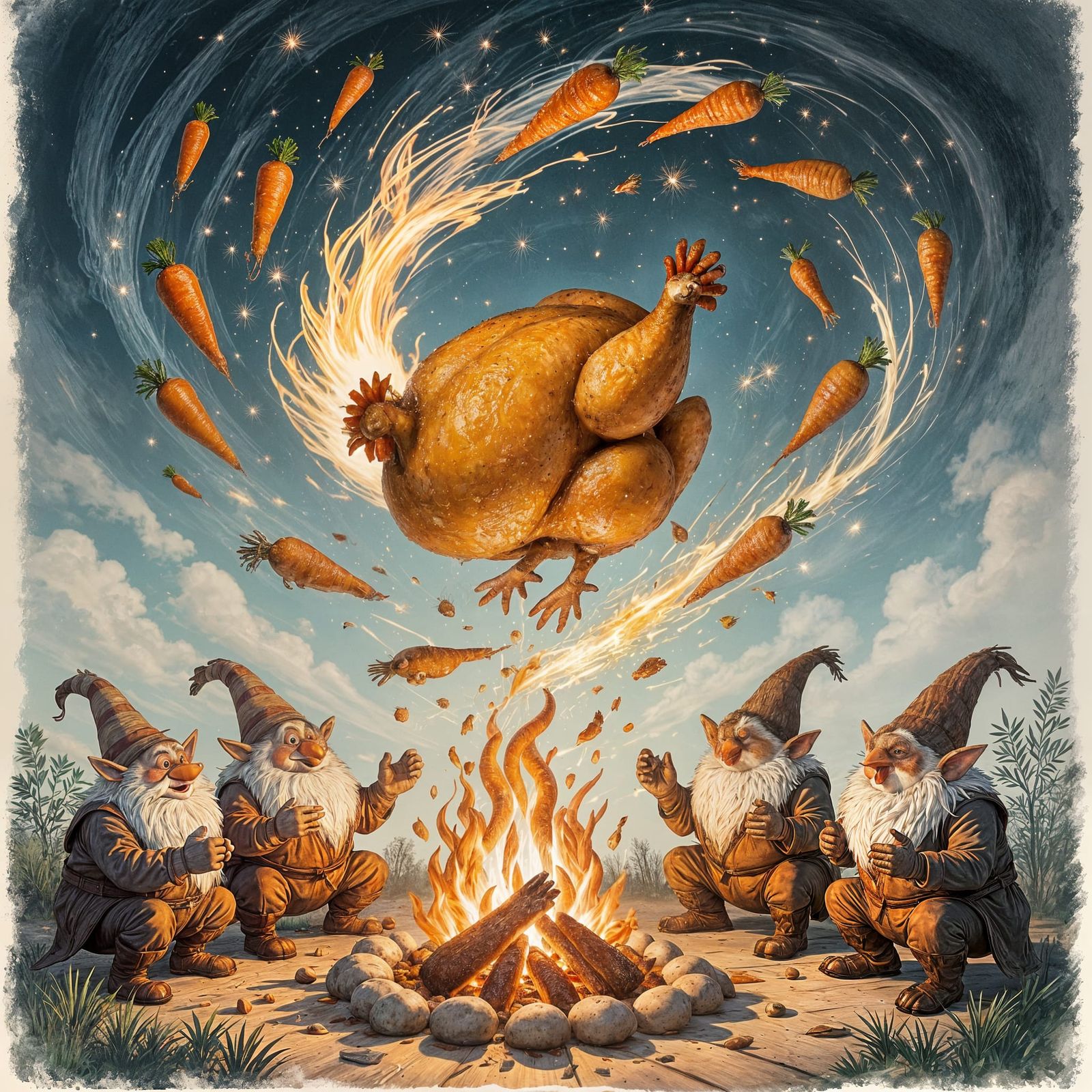 Roast Chicken Tornado with Trolls Waiting by Fire