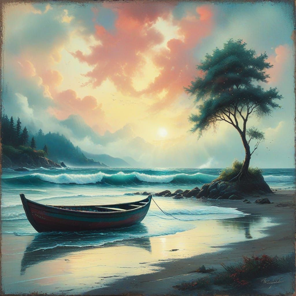Mystical Beach Scene in Grungy Hyperdetailed Style