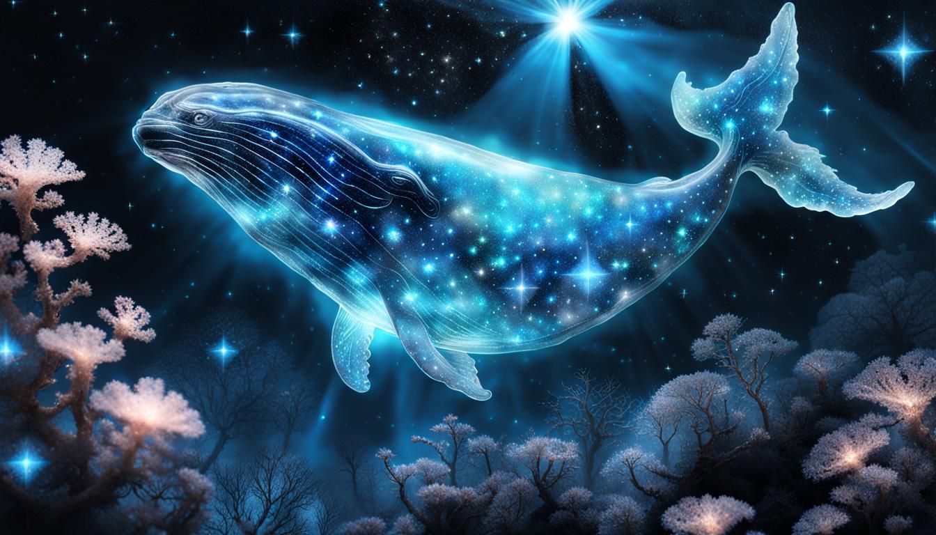 Luminescent Glass Whale in Cosmic Coral Reef