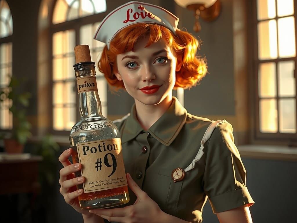 Gorgeous WW2 Nurse in Fitted Uniform, Holding Antique Bottle...