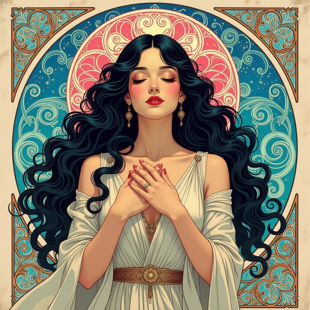 Art Nouveau Woman with Flowing Hair in Blue and Pink