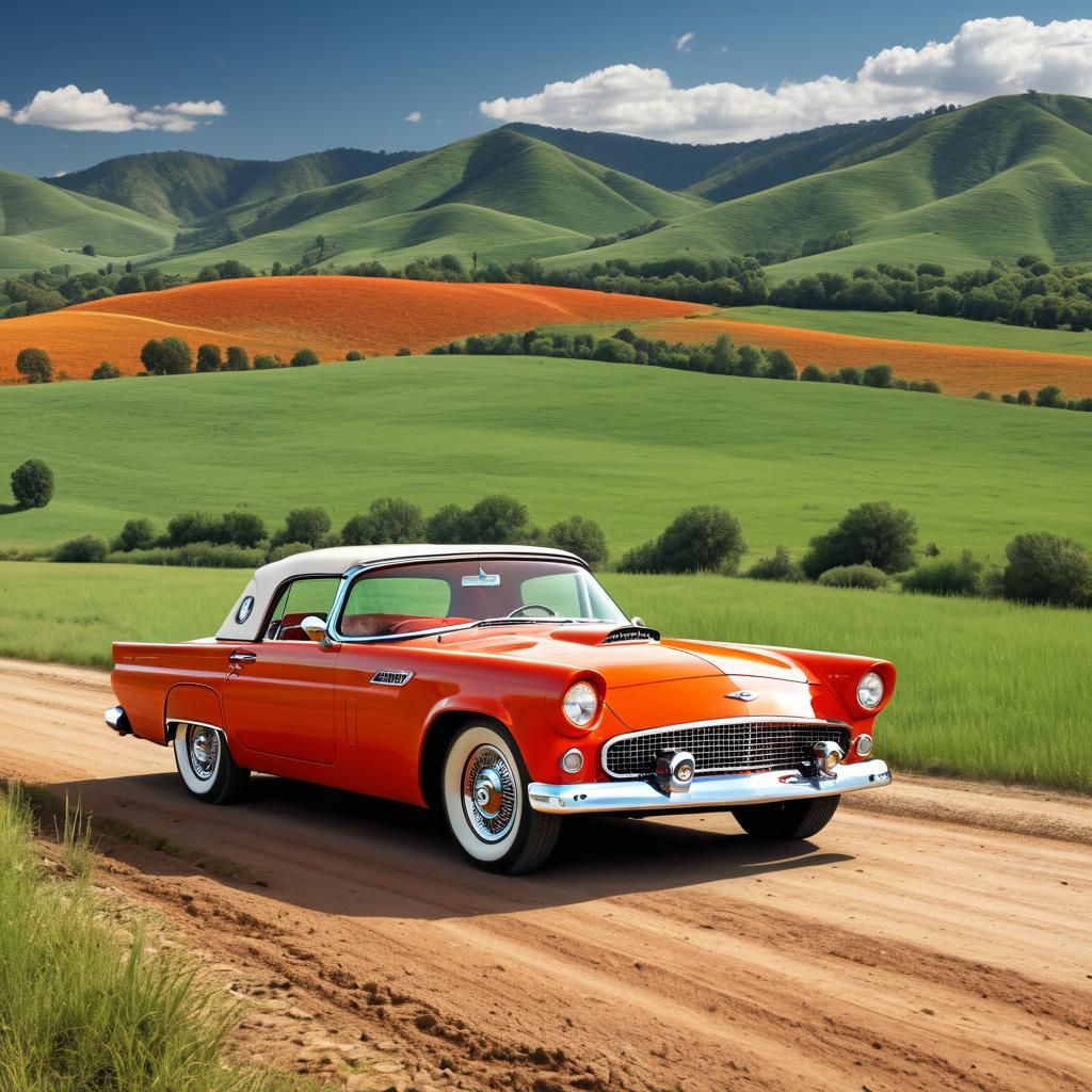 Flaming Orange 1956 Ford Thunderbird on Country Road