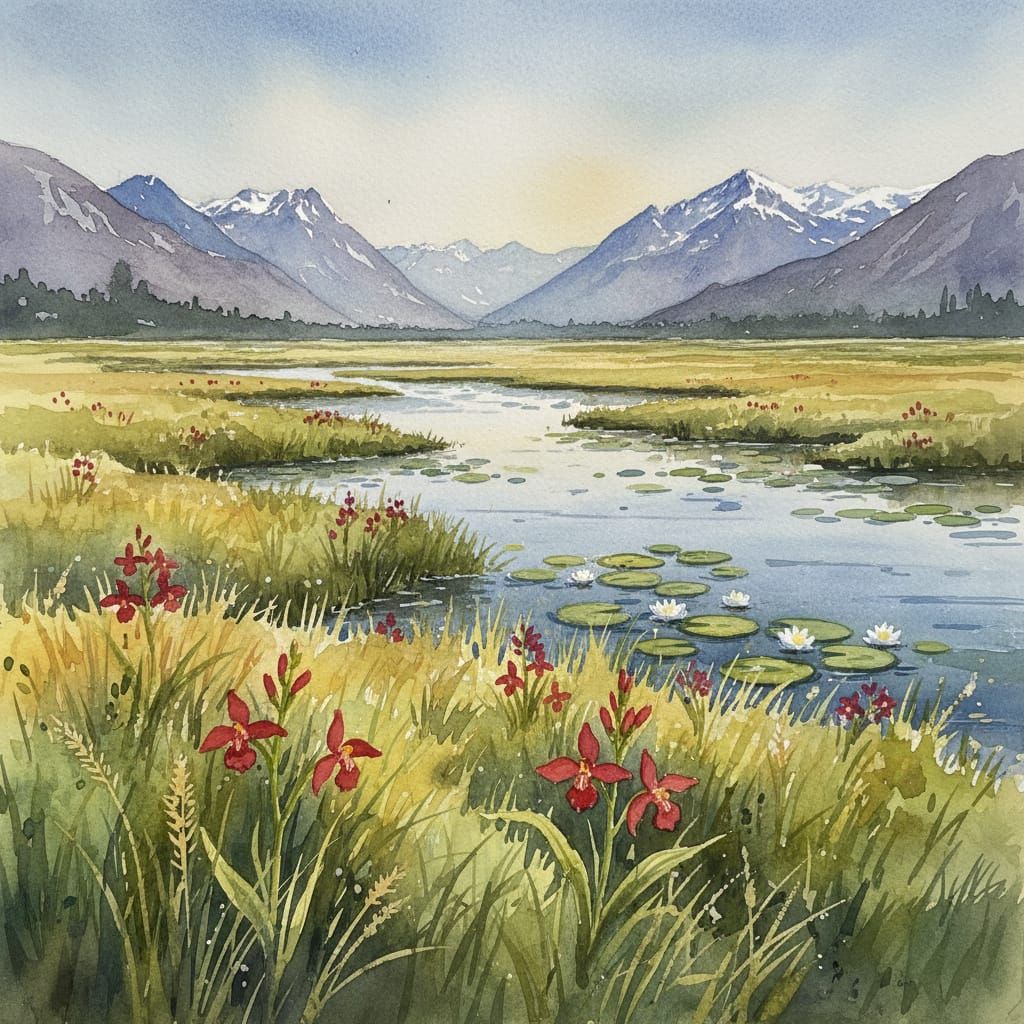Wet Meadow with Red Flowers by Mountains in Watercolor