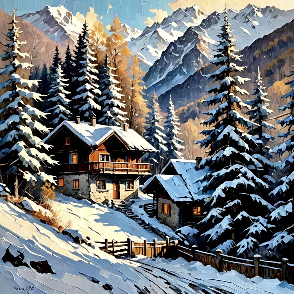 Swiss Alps Chalet Winter Scene in Expressionist Style