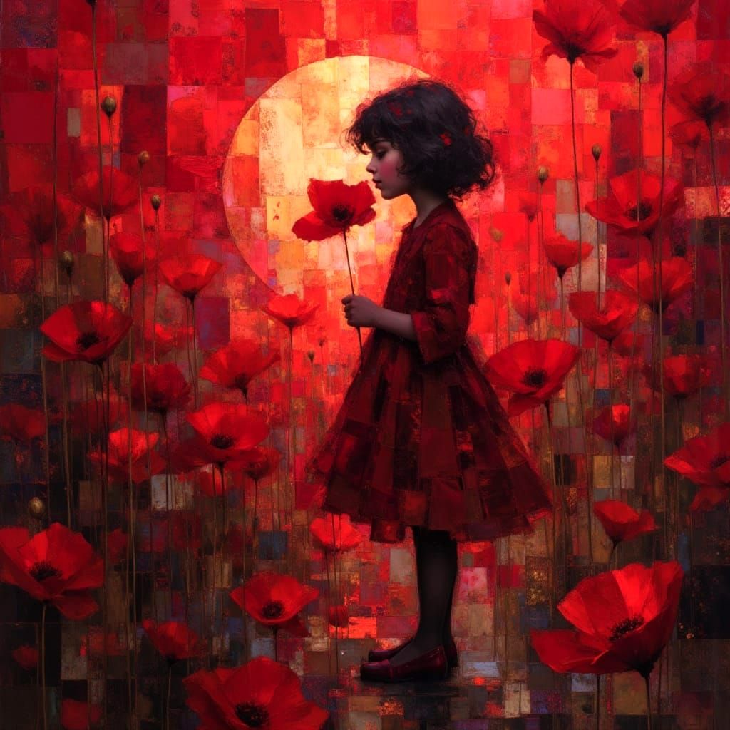 Girl Smelling Rose in Japanese Garden, Van Gogh Style