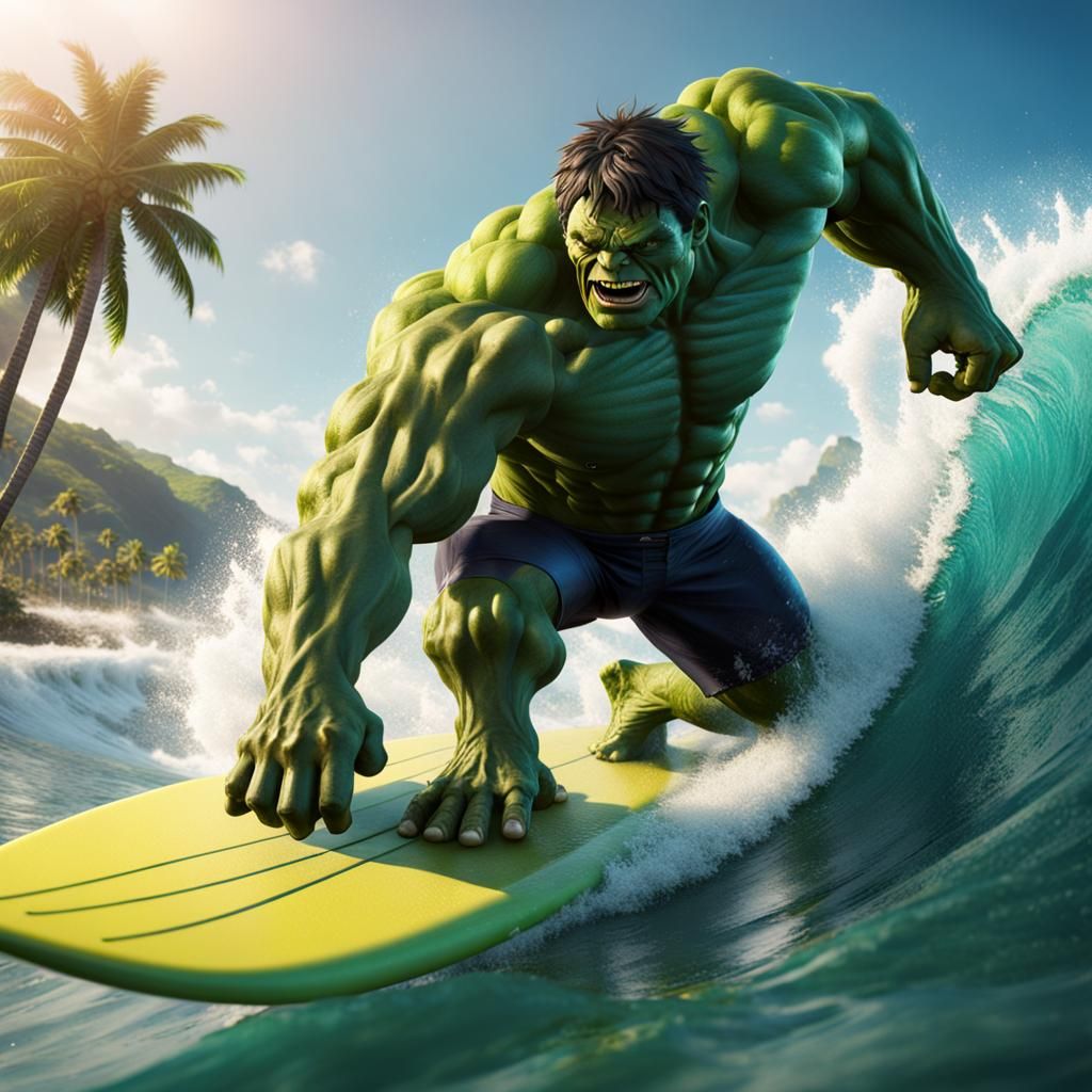 The Hulk Surfing at a Tropical Beach