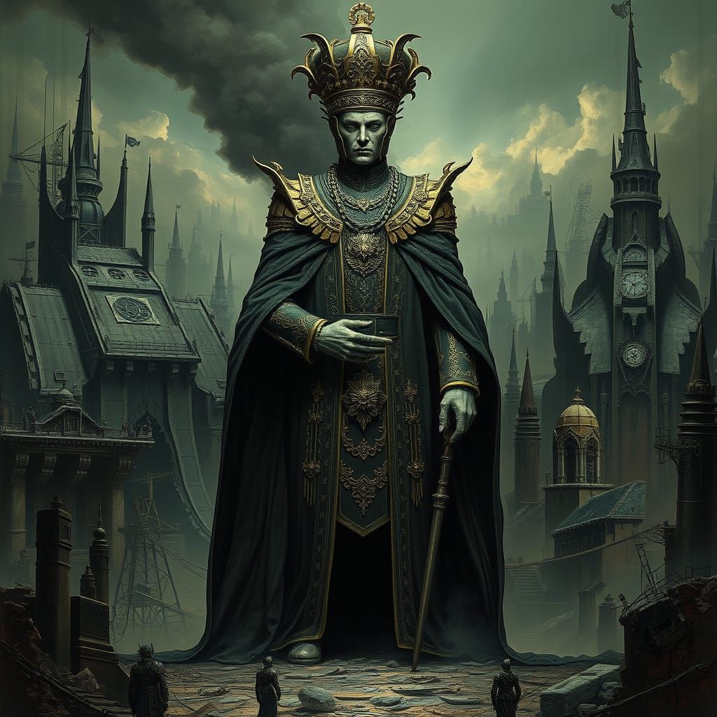 Dystopian Imperial Figure in Destroyed Landscape