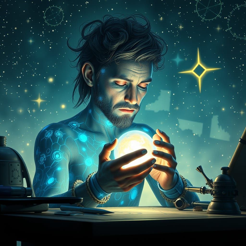 Cosmic Inventor Crafts Glowing Orb in Starlit Workshop