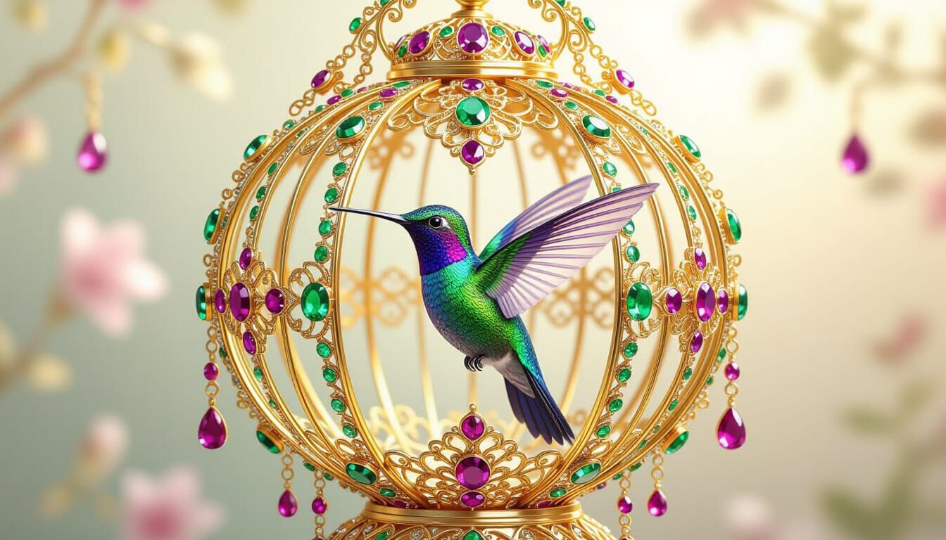 Hummingbird in Ornate Jeweled Gilded Cage Illustration