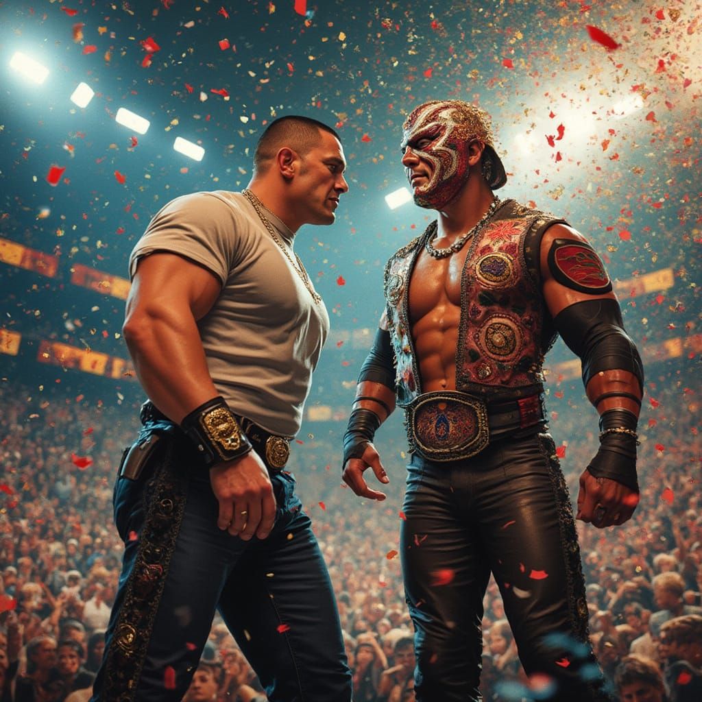 Wrestling Superstars Clash in a Vibrant, High-Energy Rink