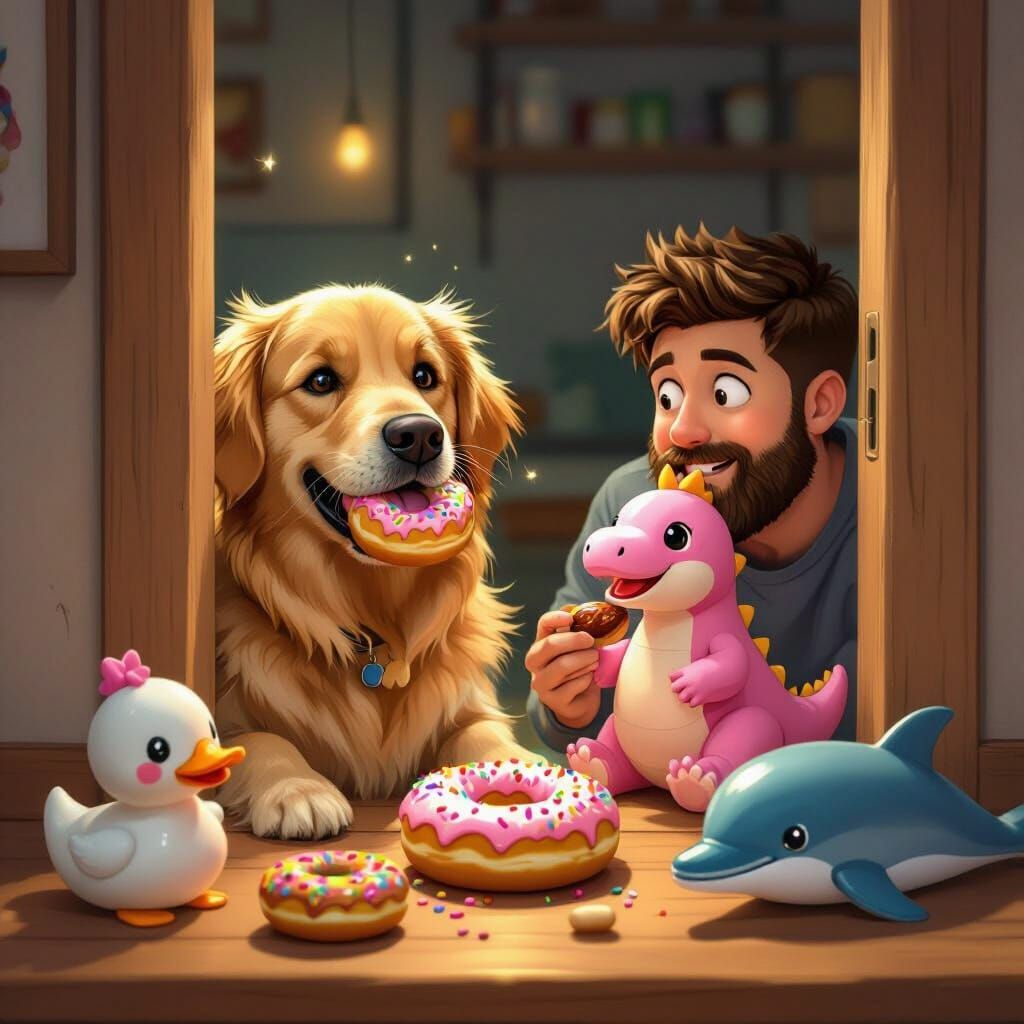 Golden Retriever Eats Doughnut By Desk With Toys