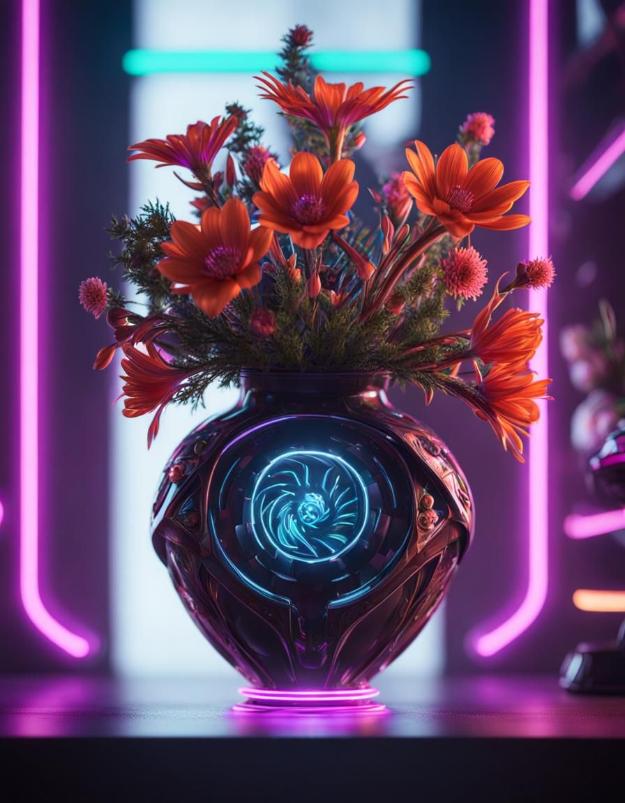 Avant-Garde Vase with Neon Alien Flora