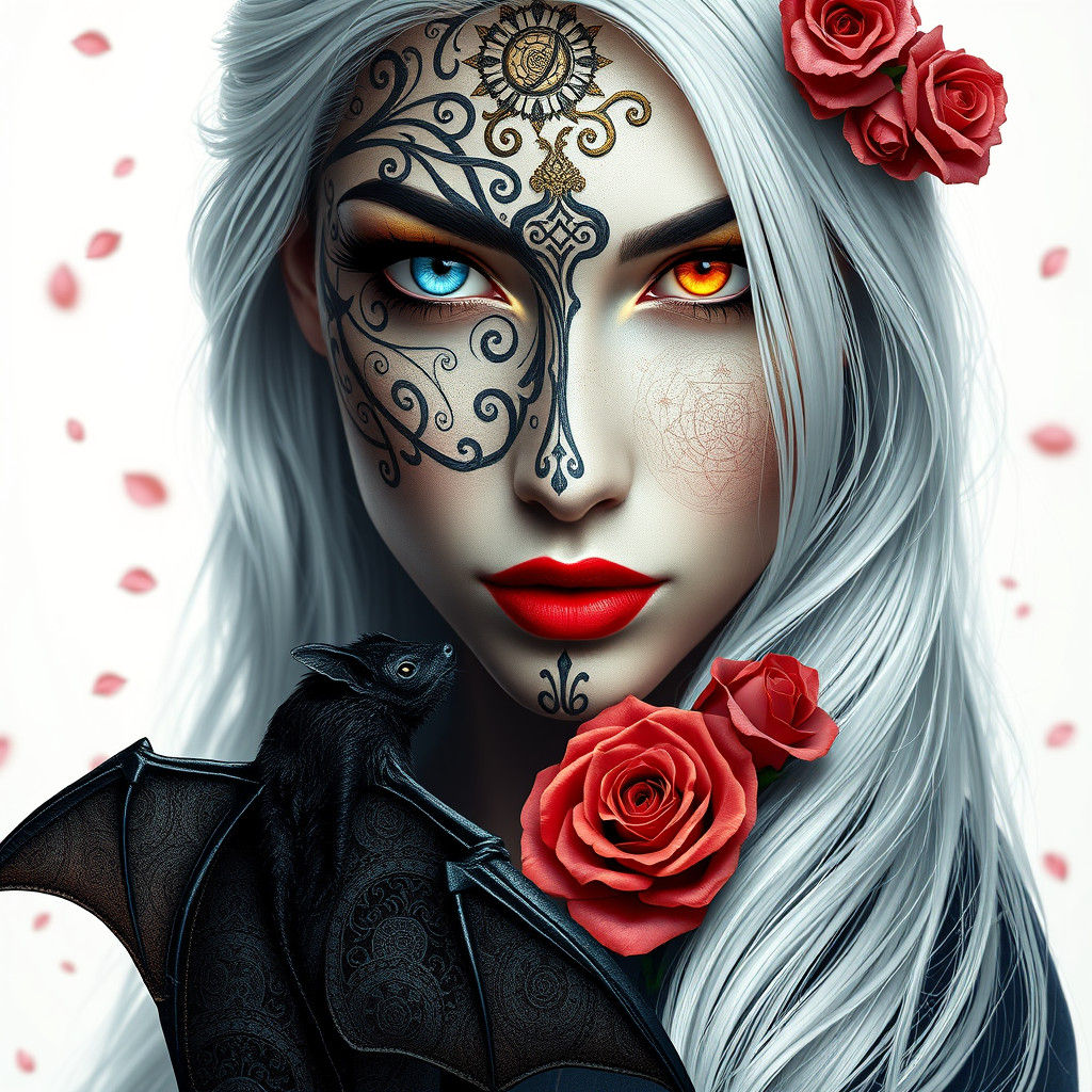 Dual-Faced Woman Portrait with Roses and Filigree