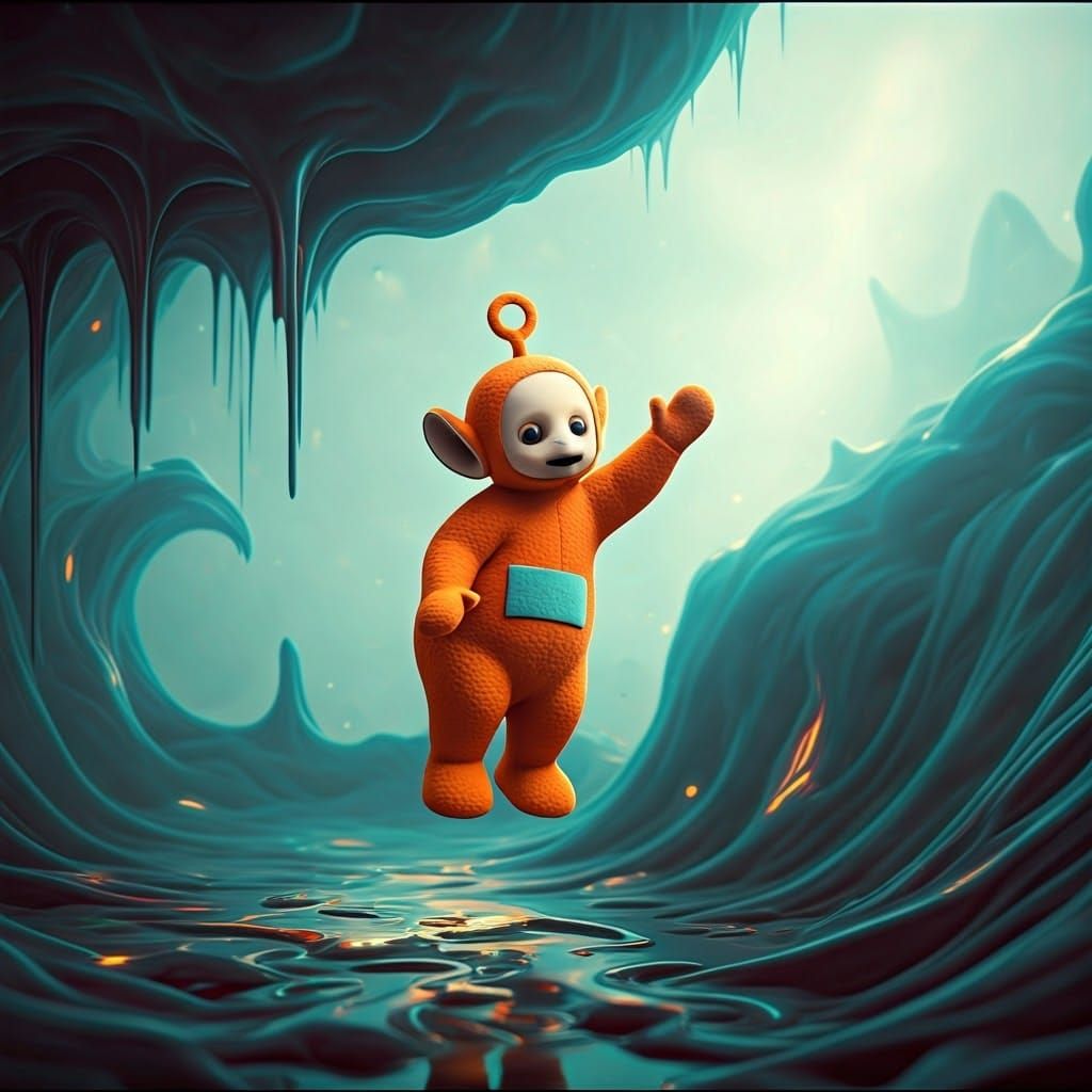 Hyperrealistic Teletubby in Mid-Air, Surreal Dreamscape