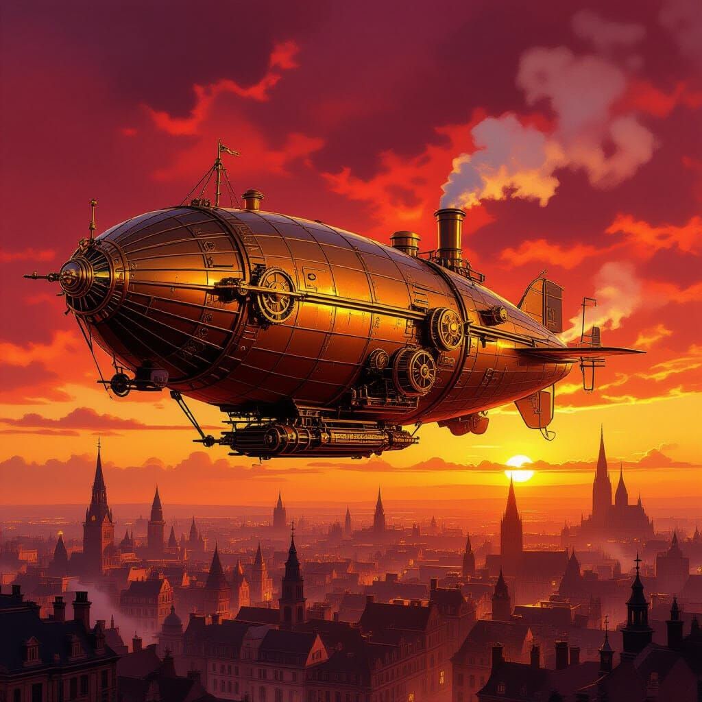 Steampunk Airship Soaring Above Victorian City in Crimson Sk...