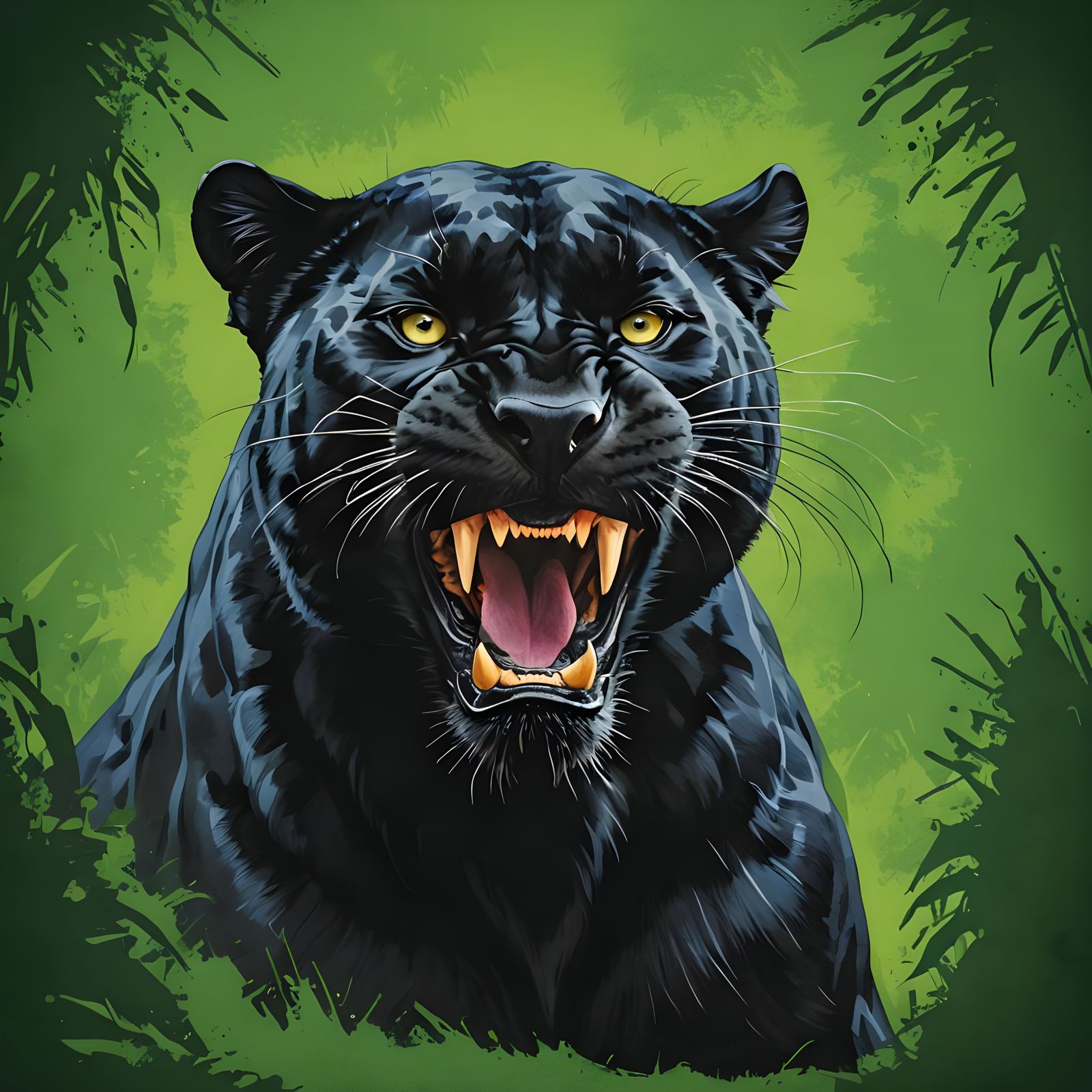 Snarling Black Panther on Green Background