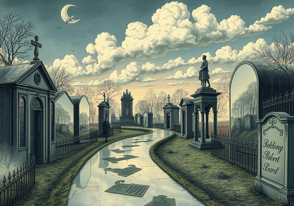 Mirrored Path to Past Lives: A Surreal Cemetery Scene