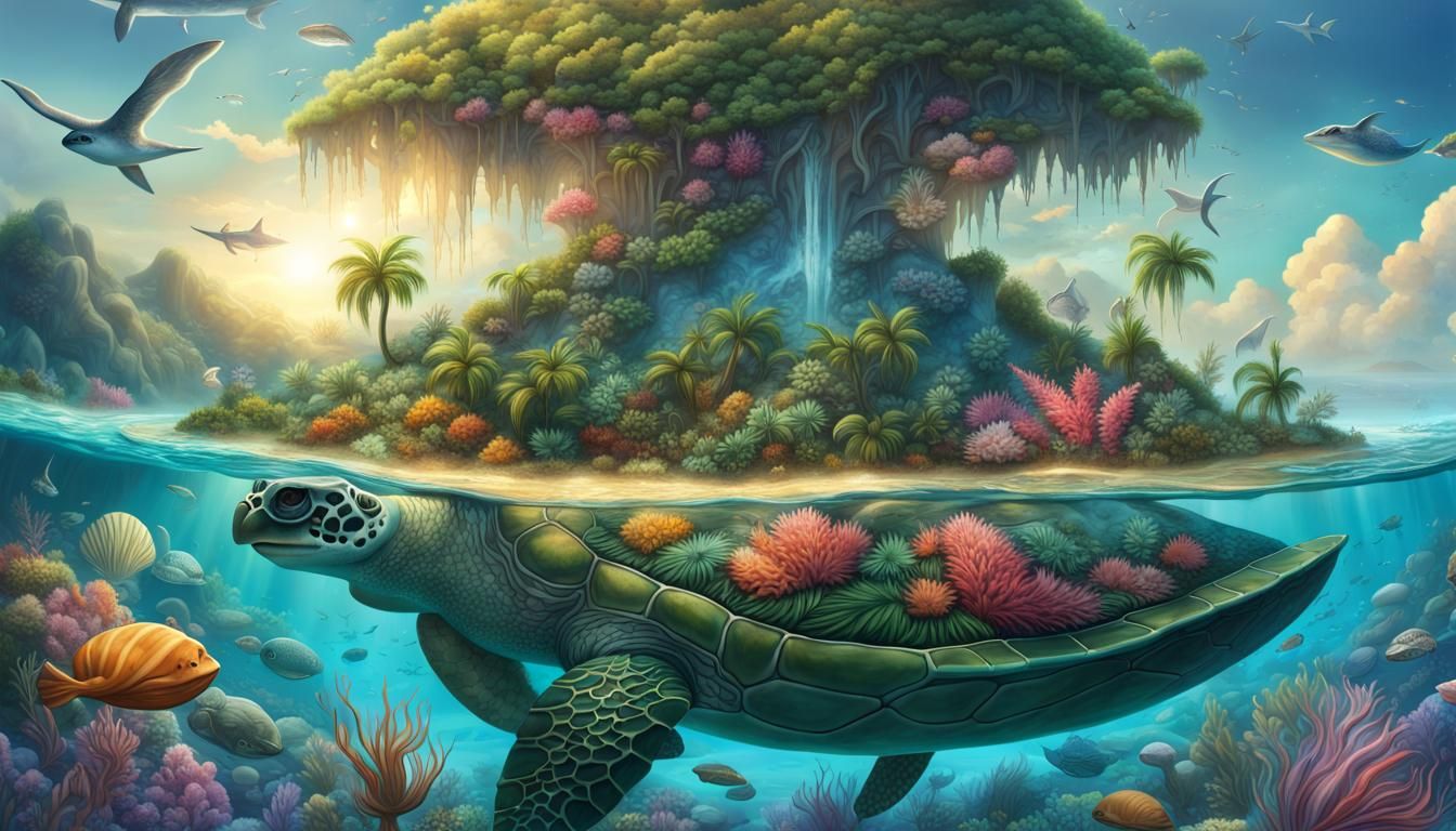 Tropical Island on Giant Sea Turtle Shell