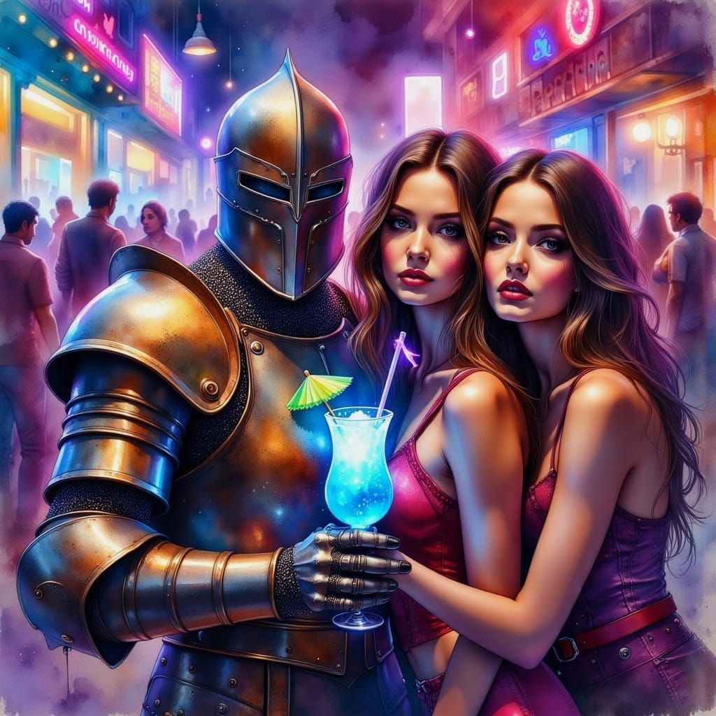 Knight in a Gritty Watercolor Nightclub Scene